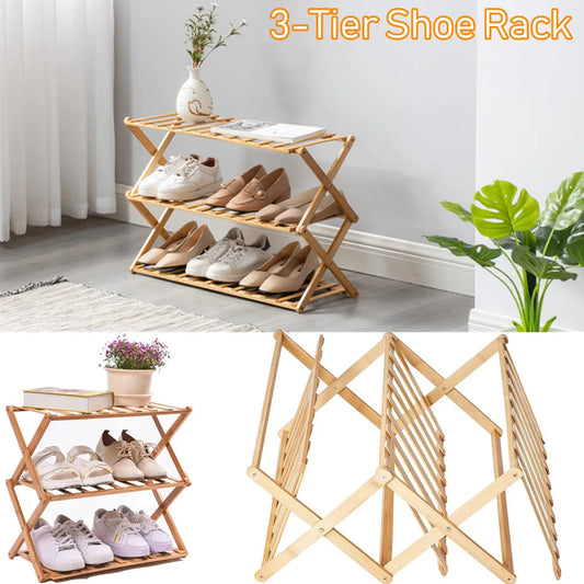 2Tiers Foldable Bamboo Shoe Rack,Multi Tier Shoe Organizer Rack Multifunctional Storage Free Standing Shelf,for Shoes Plant POTS