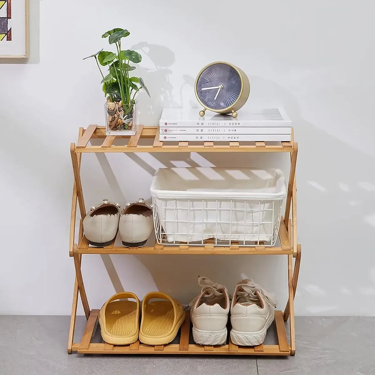 2Tiers Foldable Bamboo Shoe Rack,Multi Tier Shoe Organizer Rack Multifunctional Storage Free Standing Shelf,for Shoes Plant POTS