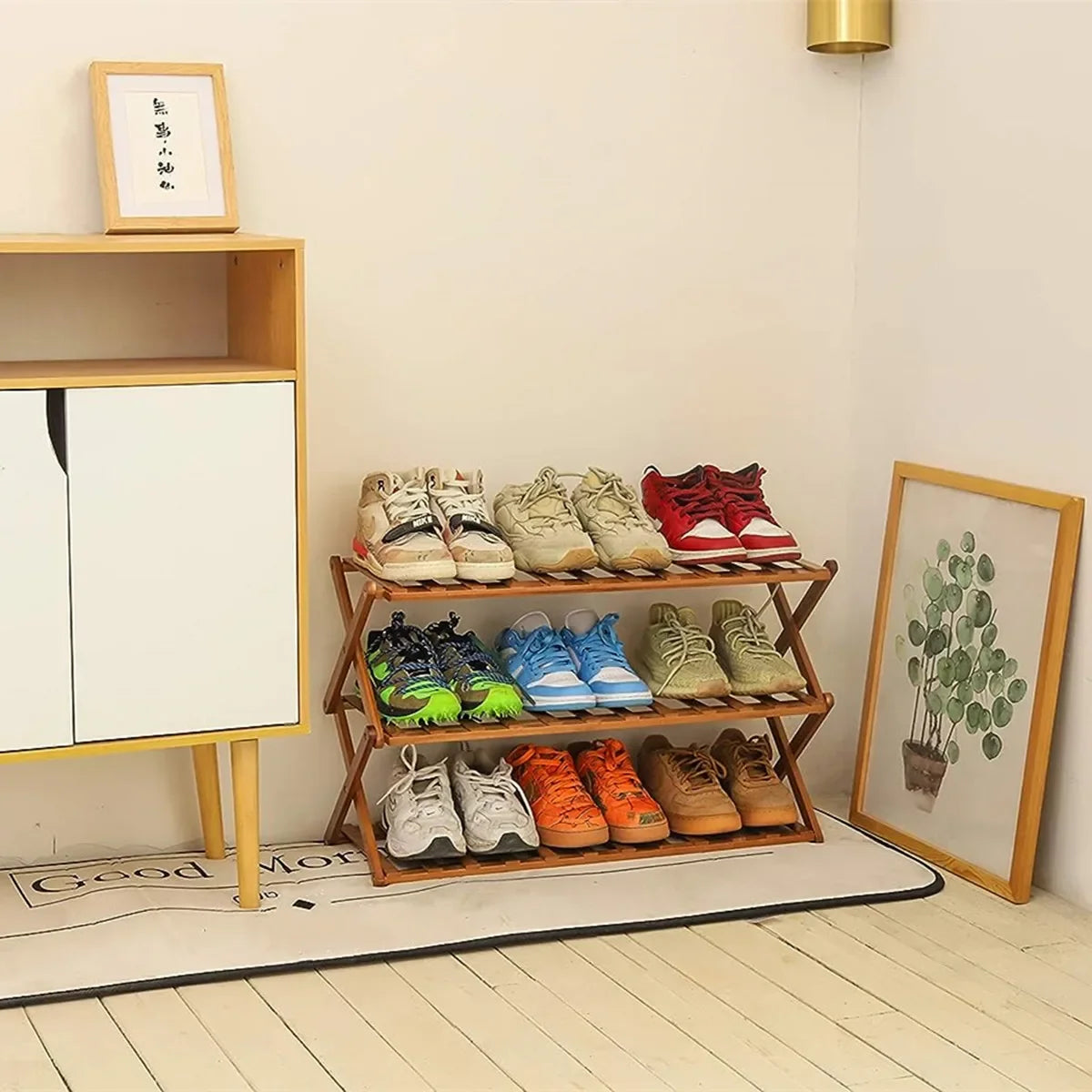 2Tiers Foldable Bamboo Shoe Rack,Multi Tier Shoe Organizer Rack Multifunctional Storage Free Standing Shelf,for Shoes Plant POTS